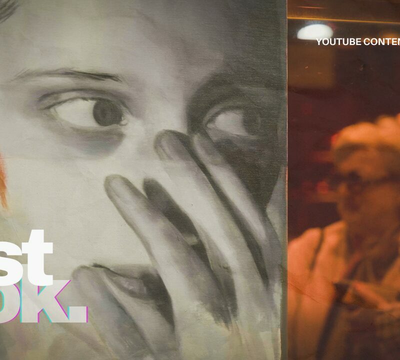 A split image featuring a detailed painting of a girl covering her mouth on the left and a blurred photo of an elderly woman on the right with text overlays "first look" and "YouTube content creation #1"