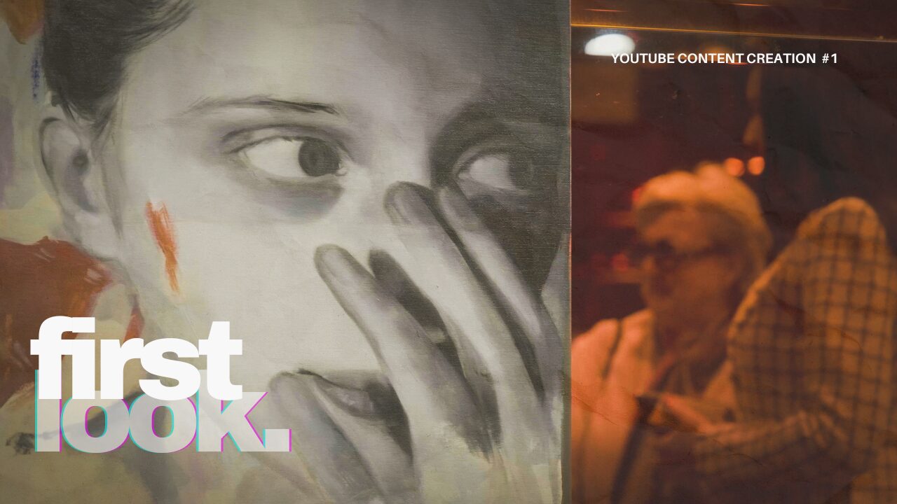 A split image featuring a detailed painting of a girl covering her mouth on the left and a blurred photo of an elderly woman on the right with text overlays "first look" and "YouTube content creation #1"